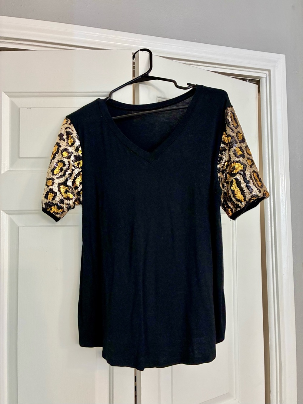 Black V-Neck Top with Gold Leopard Sequin Sleeves